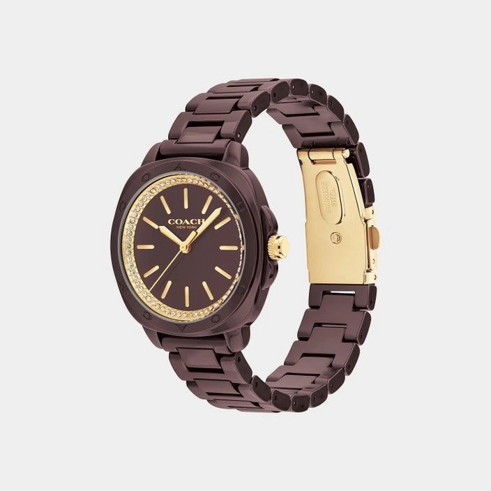 COACH KITT CRYSTAL BURGUNDY CERAMIC BRACELET WATCH 14504403