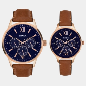 Couple Quartz Blue Dial Multi-Function Leather Watch TW00PR302