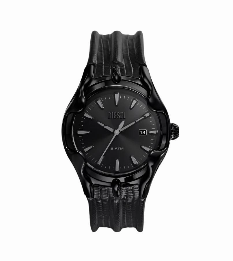 Diesel Vert Three-Hand Black Leather Strap Watch DZ2193