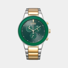 Eco-Drive Men Green Dial Chronograph Stainless Steel Watch AT2244-84X