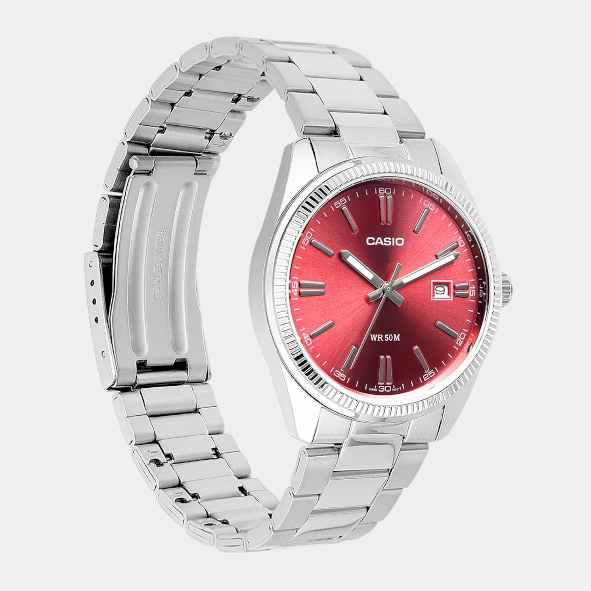 Enticer Men Quartz Red Dial Analog Stainless Steel Watch MTP-1302PD-4AVEF A2367