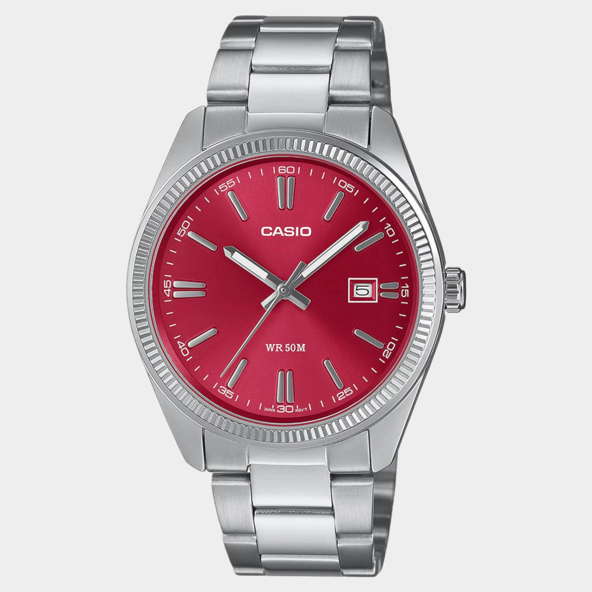 Enticer Men Quartz Red Dial Analog Stainless Steel Watch MTP-1302PD-4AVEF A2367