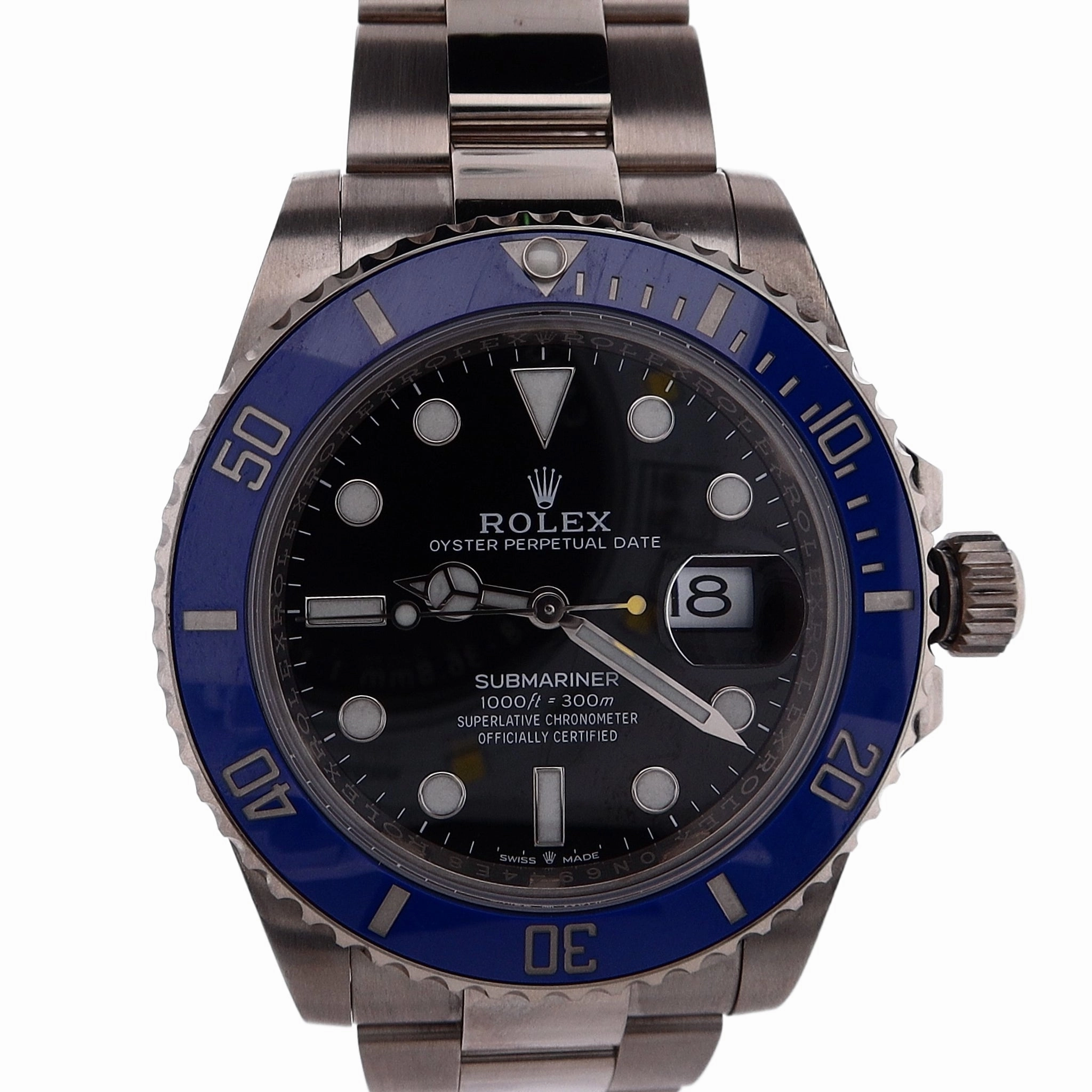 Estate Rolex 18 Karat White Gold Submariner Oyster Perpetual Date 41mm Black Dial Ceramic Blue Bezel Oyster Bracelet 126619LB With Box & Card C.2021