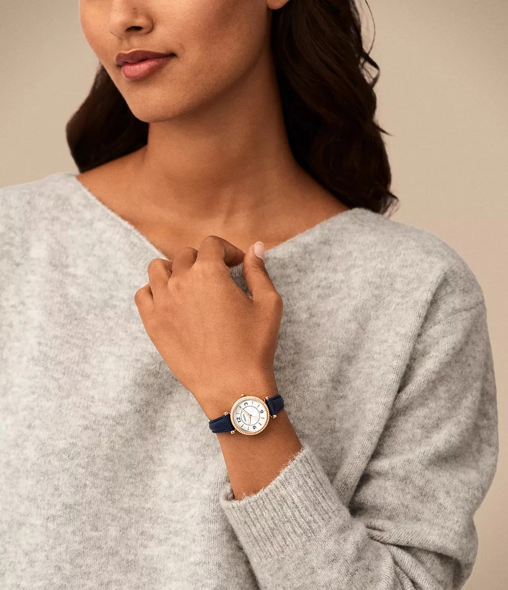 Fossil Carlie Three-Hand Navy LiteHide Leather Watch ES5295