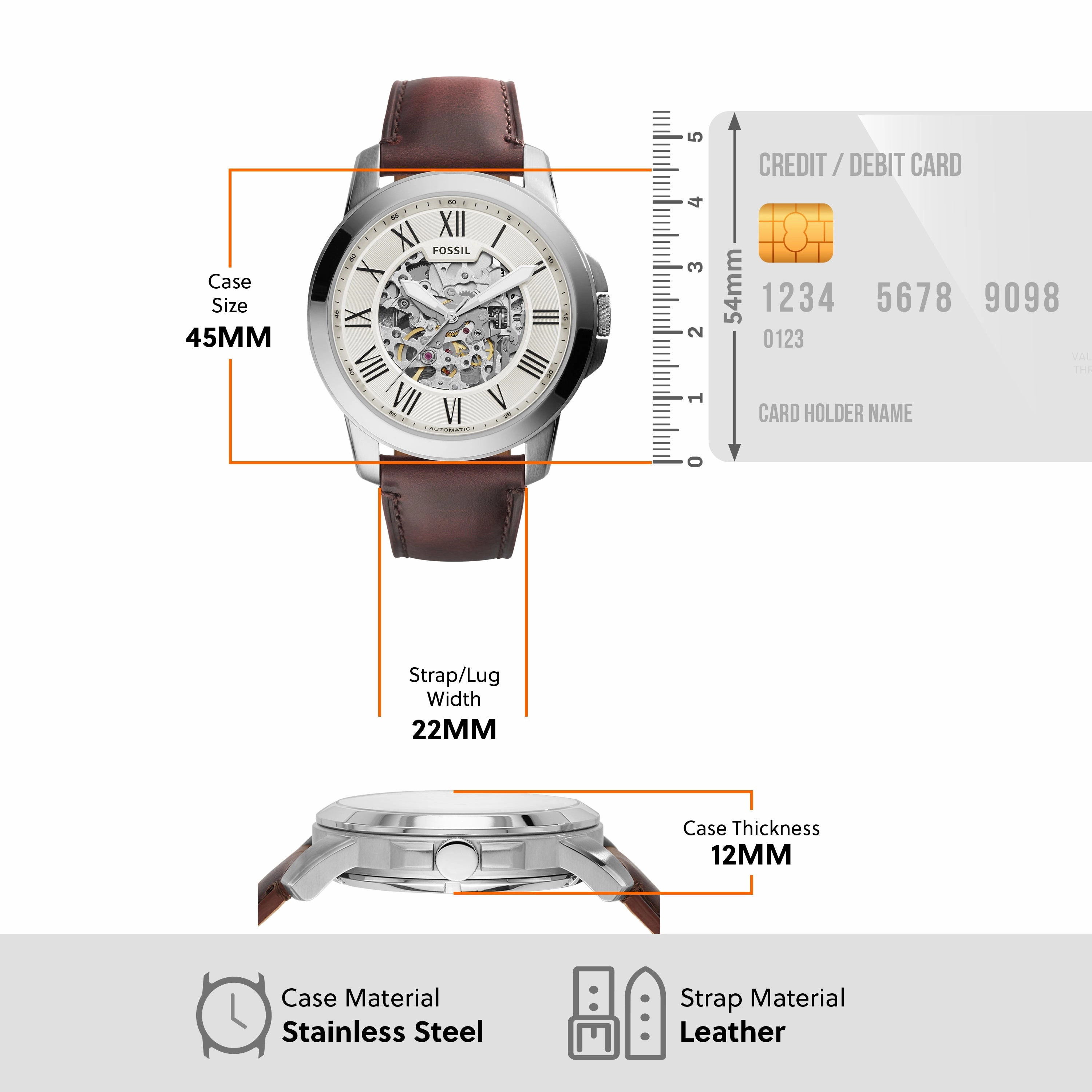Fossil Grant Automatic Leather Watch in Dark Brown ME3099