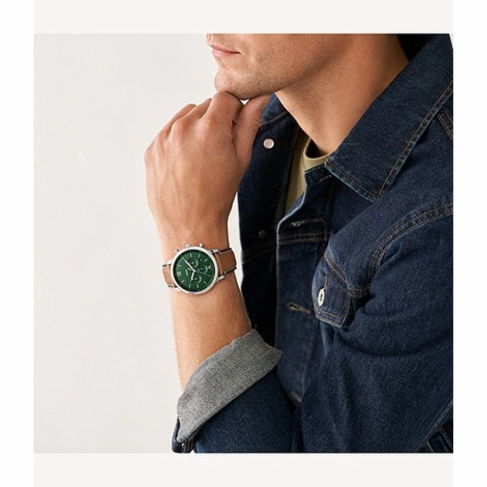 Fossil Green Dial And Brown Leather Strap Men Watch FS5963P