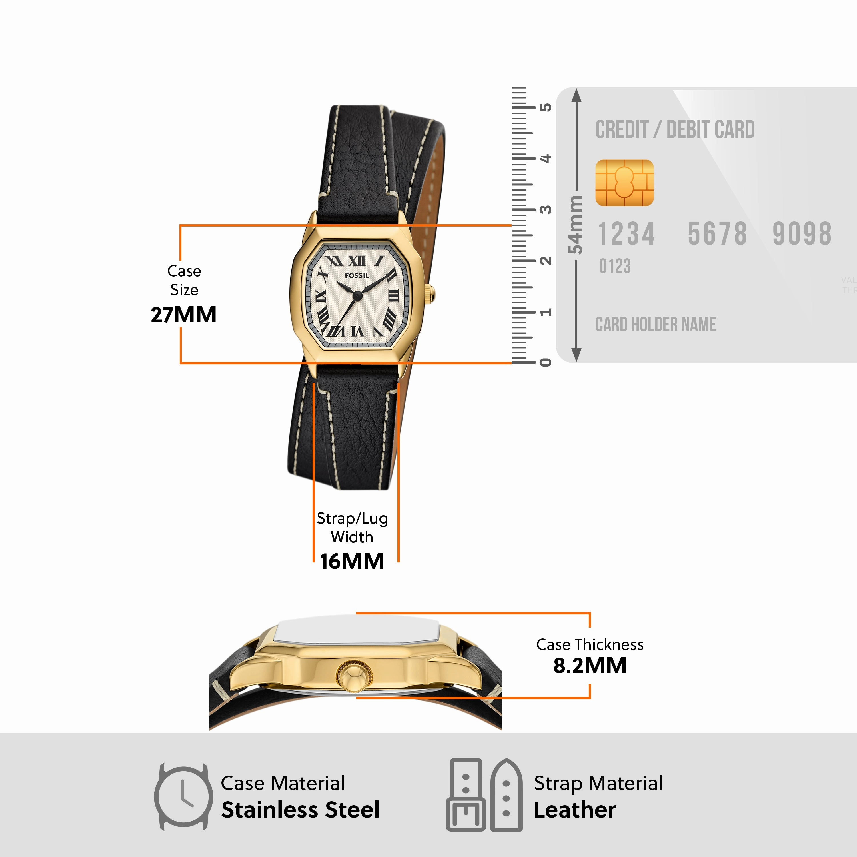 Fossil Harlow Three-Hand Black Leather Strap Watch ES5404