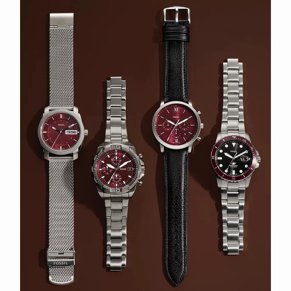 Fossil Machine Burgundy Dial Stainless Steel Men's Watch FS6014P