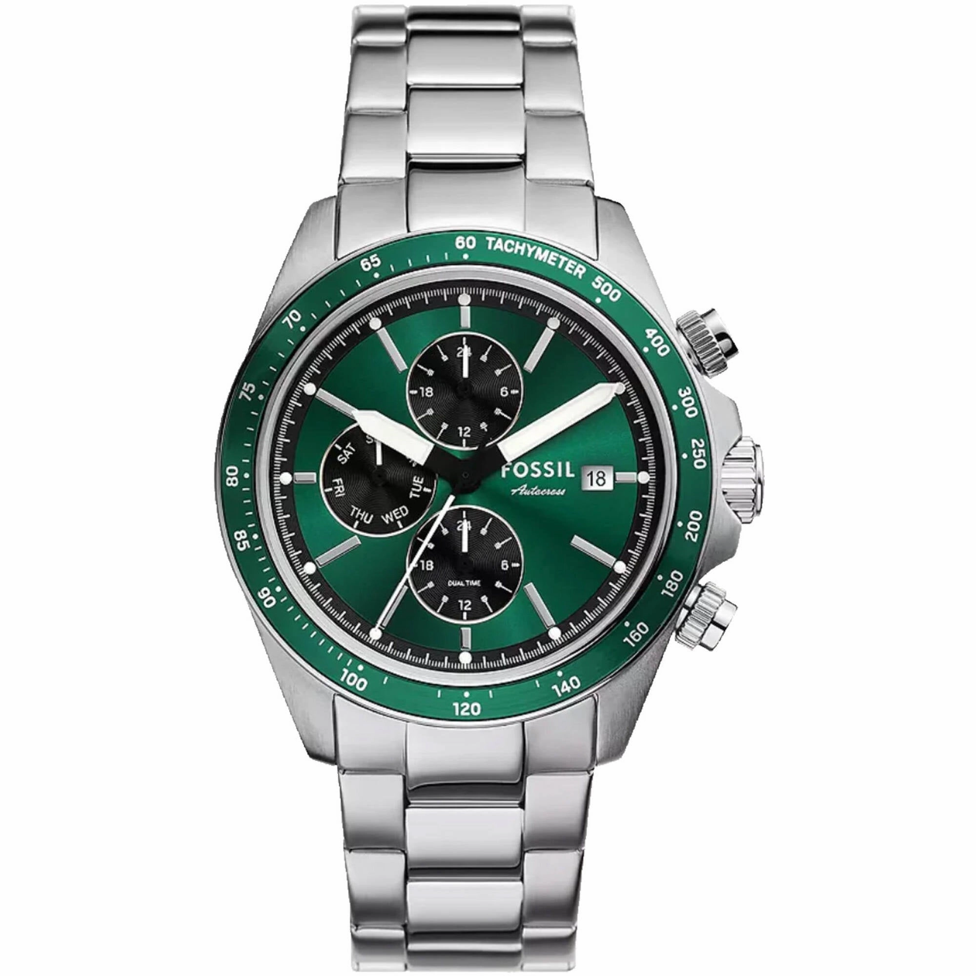 Fossil Men's Watch - Autocross Green Dial Silver Stainless Steel Bracelet | BQ2878