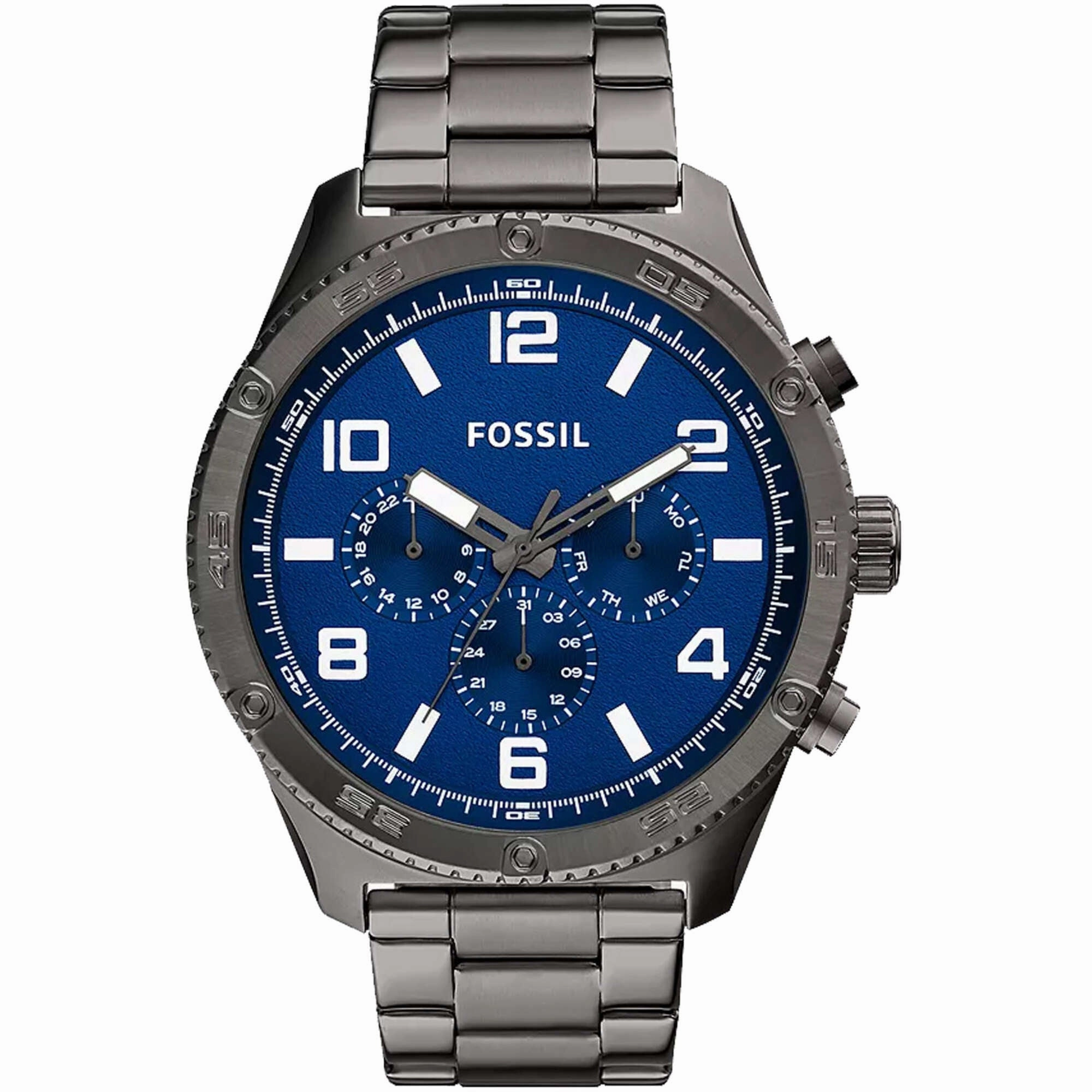 Fossil Men's Watch - Brox Quartz Day-Date Blue Dial Gunmetal Steel Bracelet | BQ2798