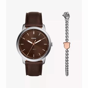 Fossil Minimalist Brown Leather Men's Watch and Bracelet Box Set FS6019SETP