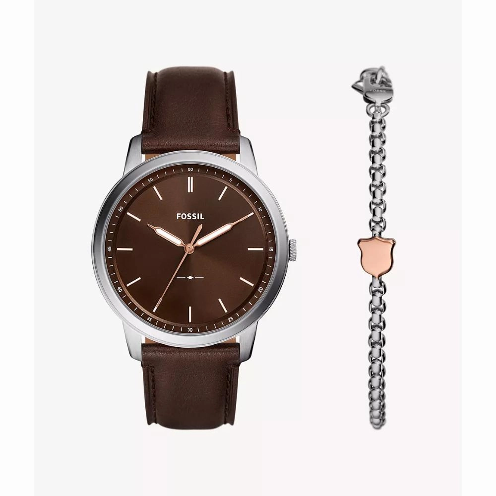 Fossil Minimalist Brown Leather Men's Watch and Bracelet Box Set FS6019SETP