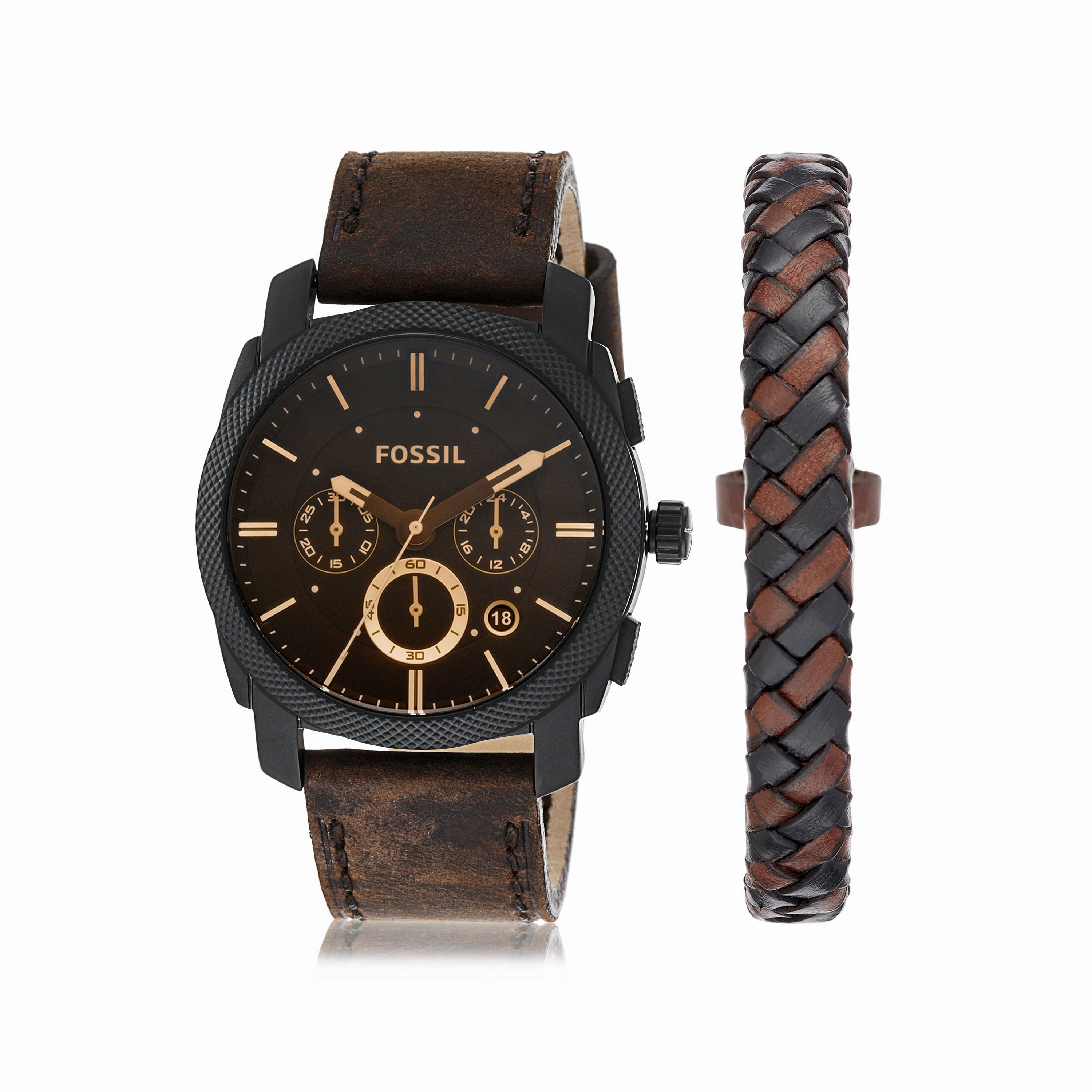 Fossil Modern Machine Chronograph Watch and Braided Leather Bracelet Set FS5251SET