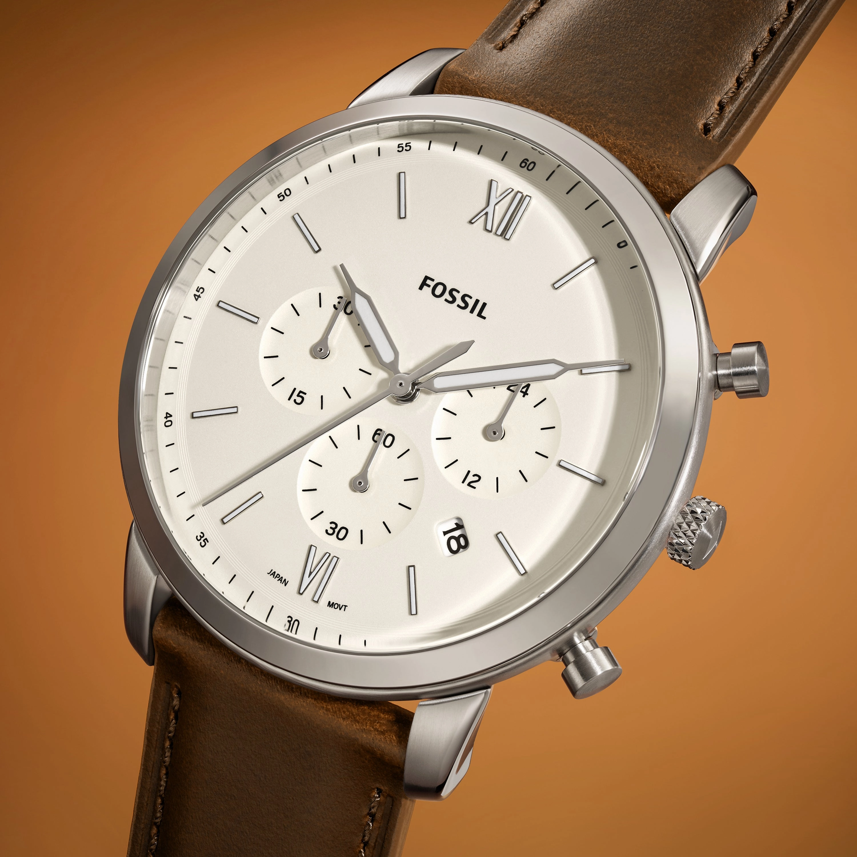 Fossil Neutra Chronograph Beige Dial Brown Leather Band Mens Watch FS5380