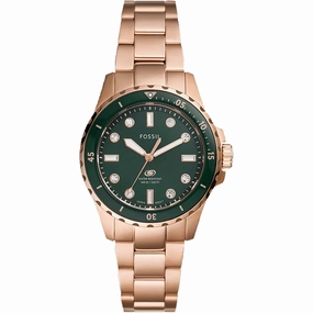 Fossil Women's Watch - Blue Dive Quartz Green Dial Rose Gold Steel Bracelet | ES5371