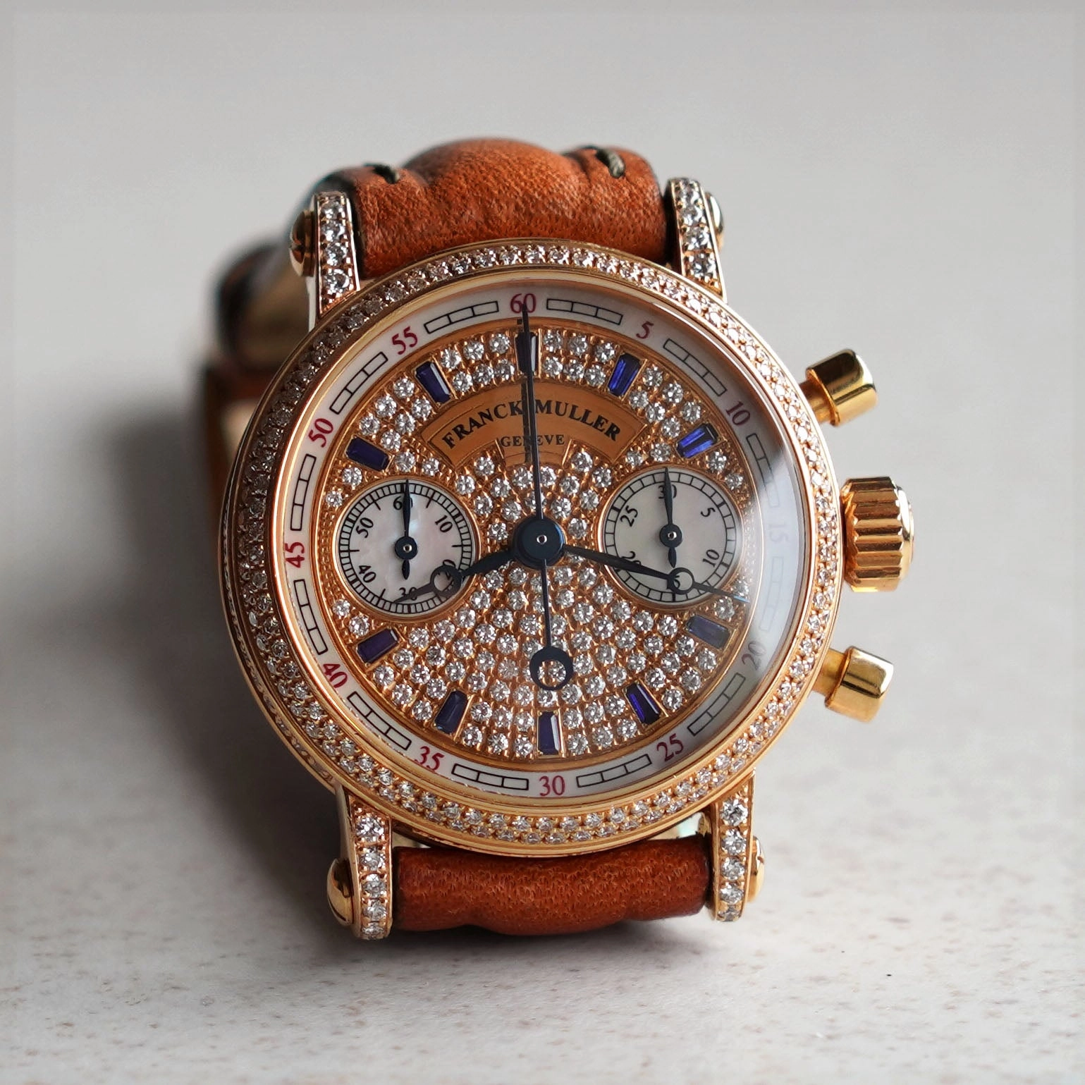 Franck Muller Diamond-set Manual-wind Chronograph with Sapphires and Mother-of Pearl, Pink Gold