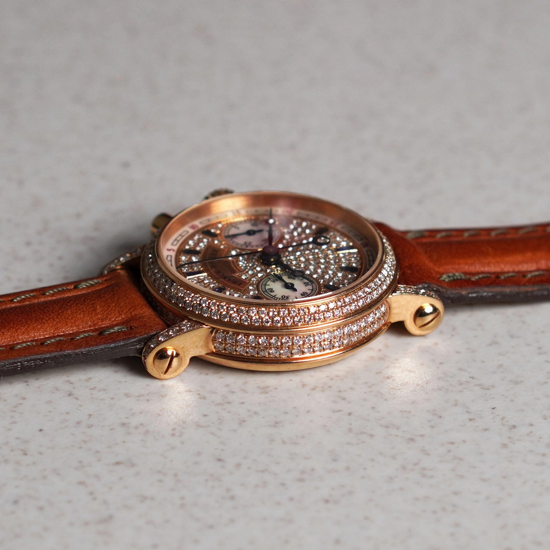 Franck Muller Diamond-set Manual-wind Chronograph with Sapphires and Mother-of Pearl, Pink Gold