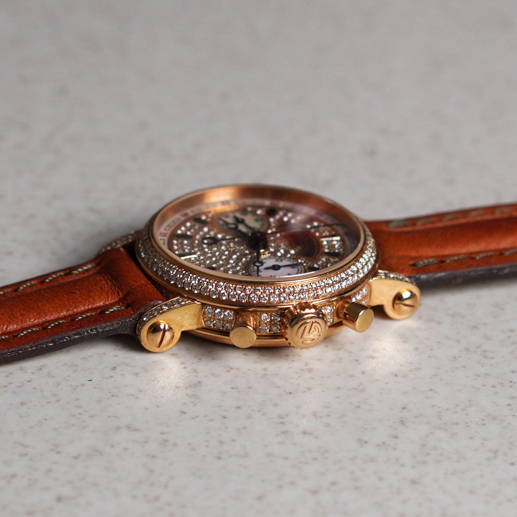 Franck Muller Diamond-set Manual-wind Chronograph with Sapphires and Mother-of Pearl, Pink Gold