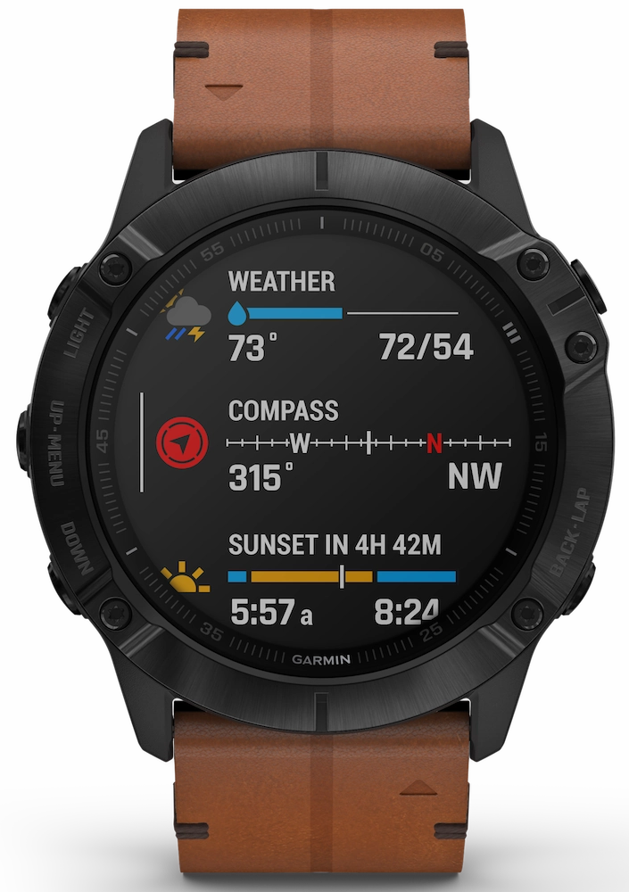 Garmin Watch Fenix 6X Sapphire Black DLC Brown Leather Band D