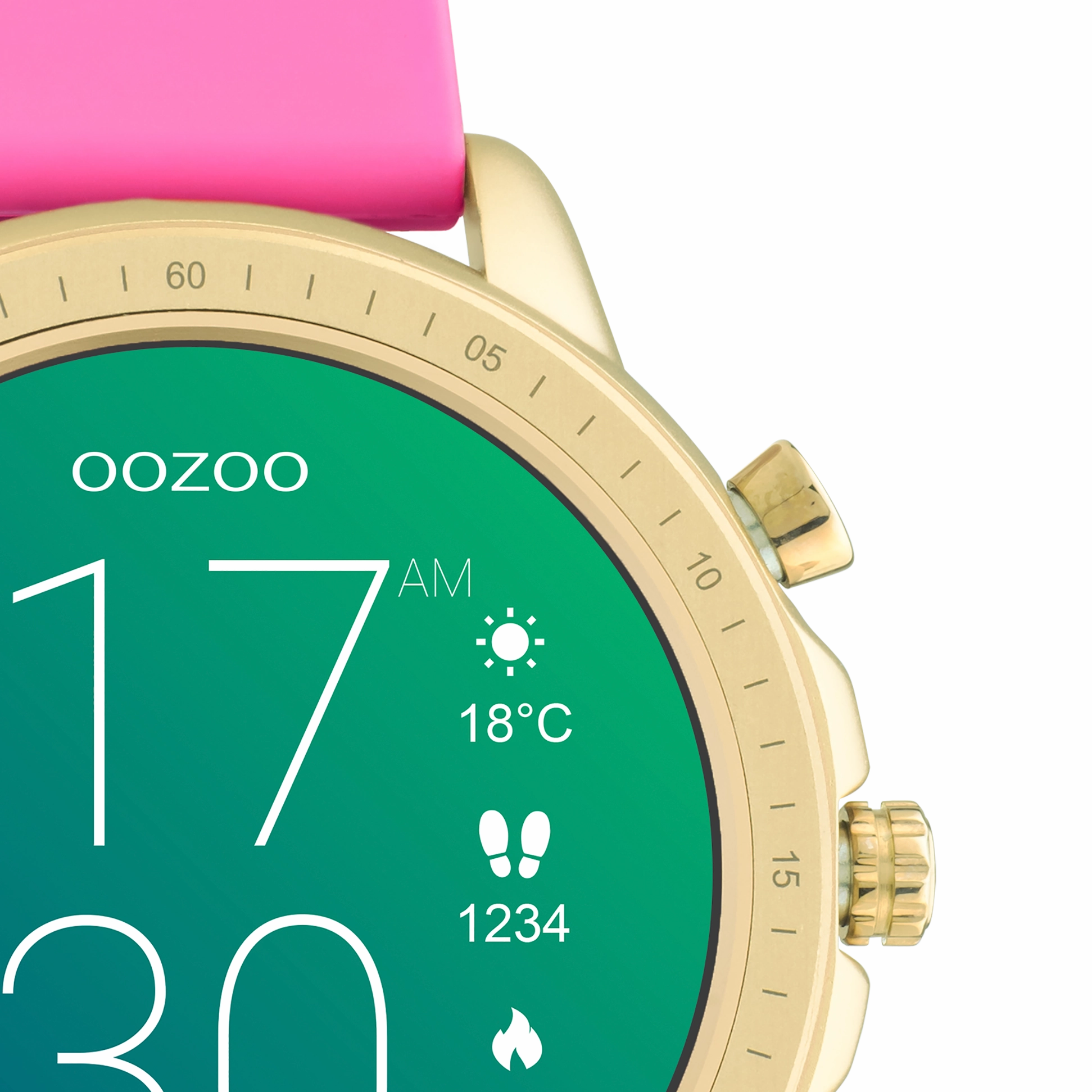 Gold coloured OOZOO smartwatch with raspberry pink rubber strap - Q00320
