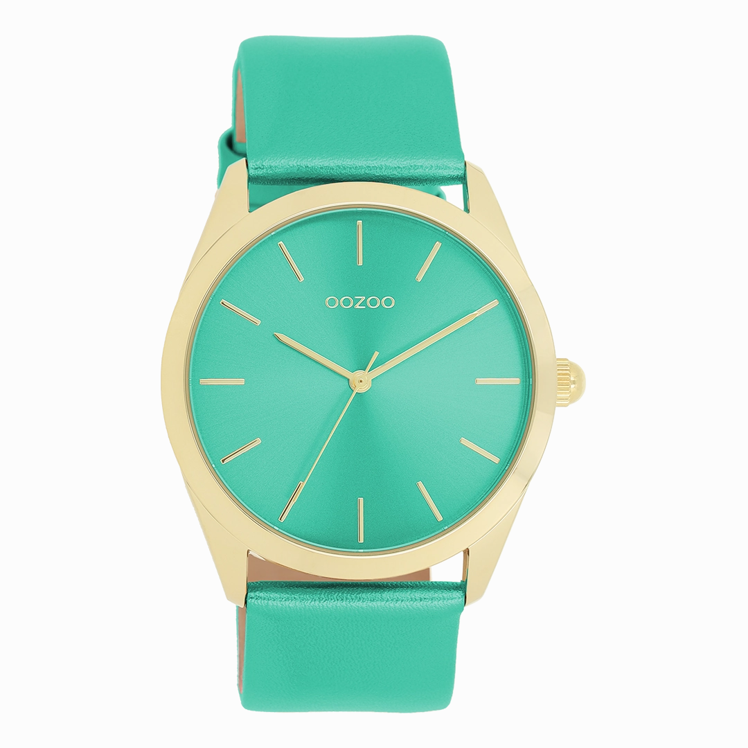 Gold coloured OOZOO watch with aqua green leather strap - C11339