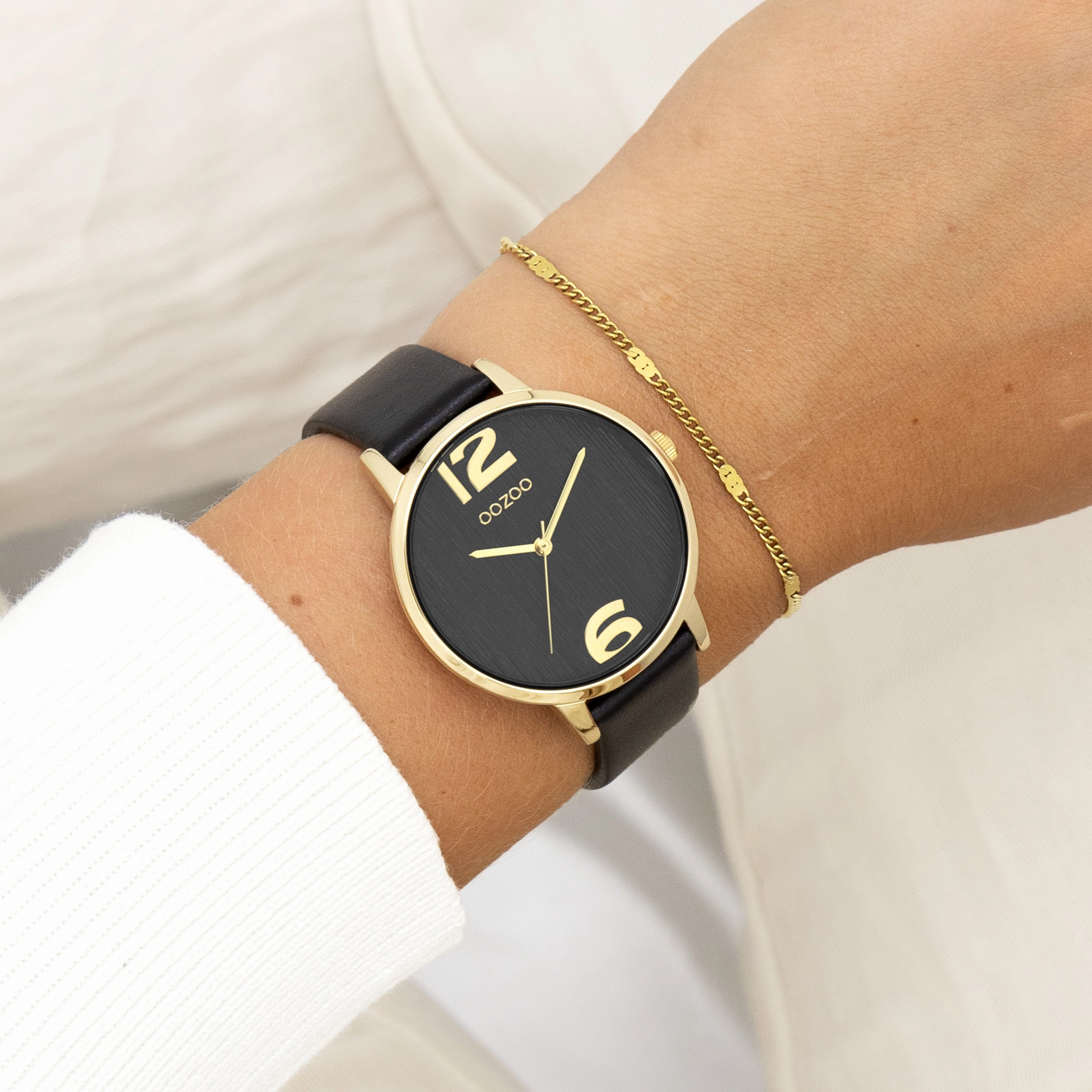 Gold coloured OOZOO watch with black leather strap - C11239