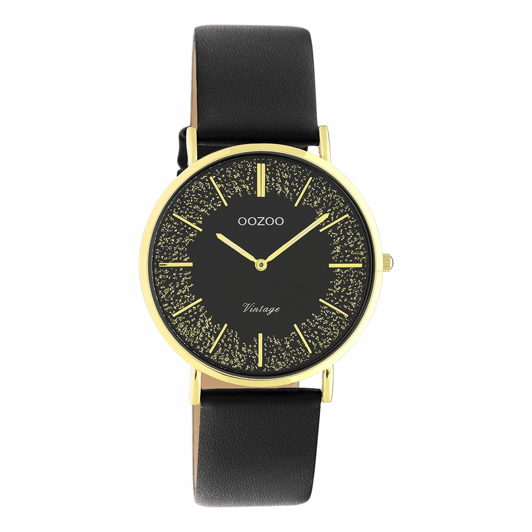Gold coloured OOZOO watch with black leather strap - C20186