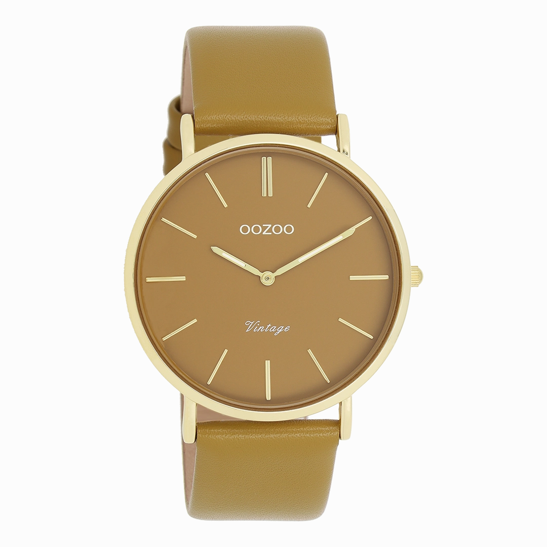 Gold coloured OOZOO watch with olive leather strap - C20327