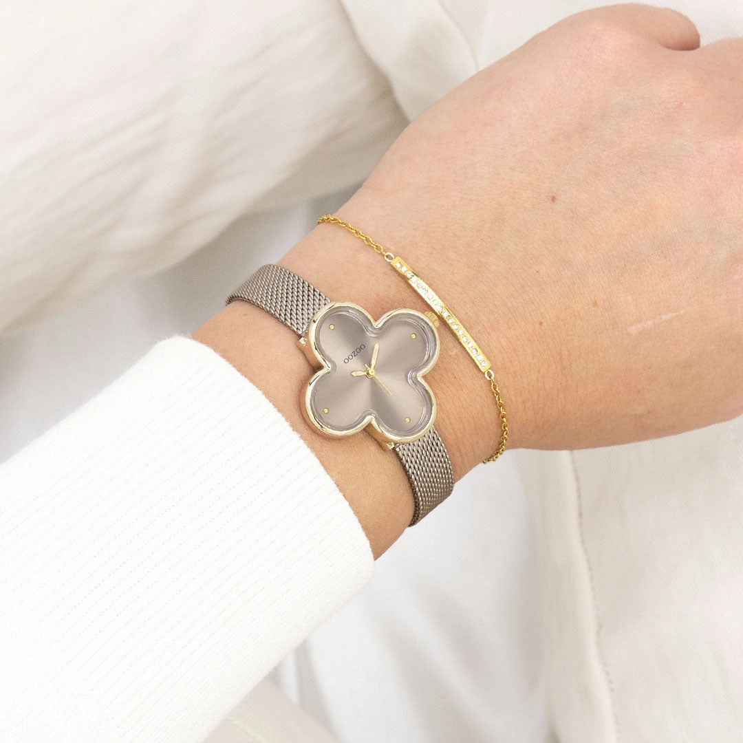 Gold coloured OOZOO watch with taupe metal mesh bracelet - C11528