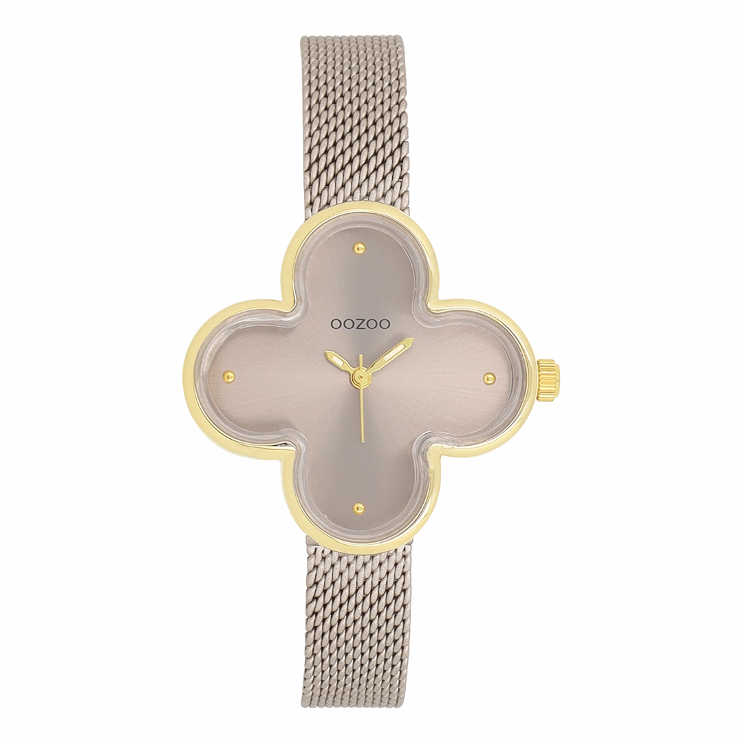 Gold coloured OOZOO watch with taupe metal mesh bracelet - C11528