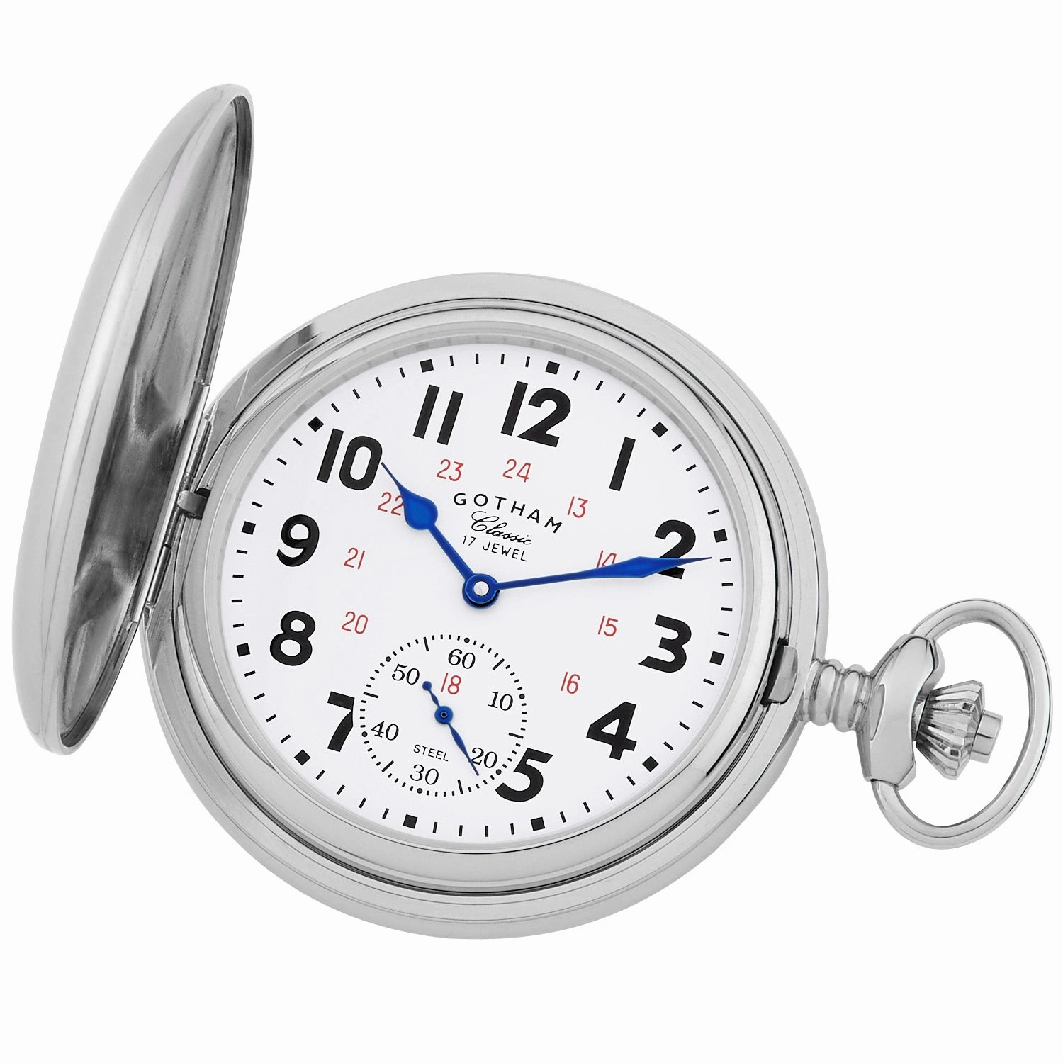 Gotham Men's Classic Silver-Tone Polished Case Double Hunter 17 Jewel Mechanical Pocket Watch # GWC18807S