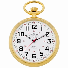 Gotham Men's Gold-Plated Stainless Steel Mechanical Hand Wind Railroad Pocket Watch # GWC14100G