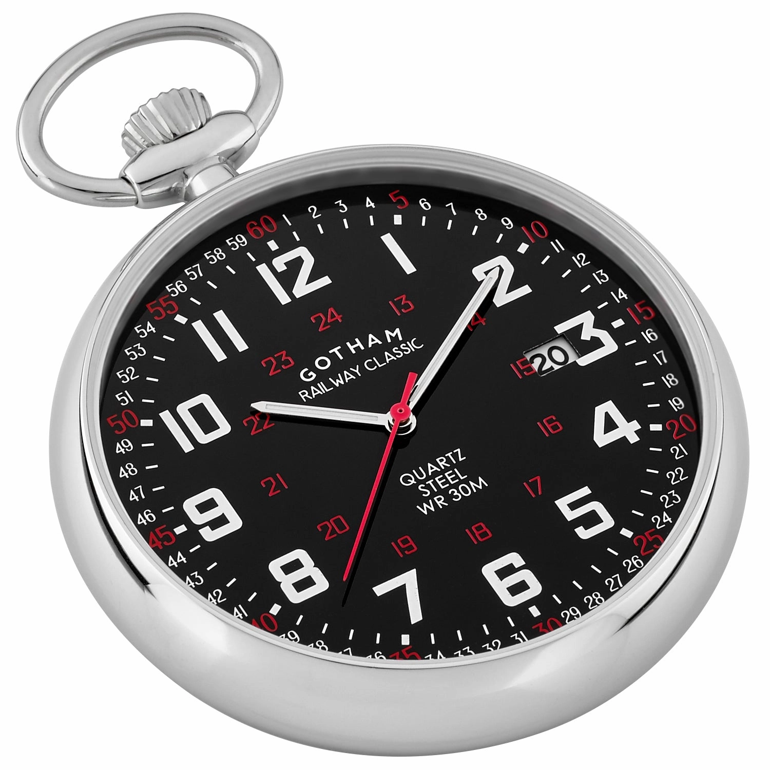 Gotham Men's Stainless Steel 30M WR Analog Quartz Date Railroad Pocket Watch # GWC14105SB