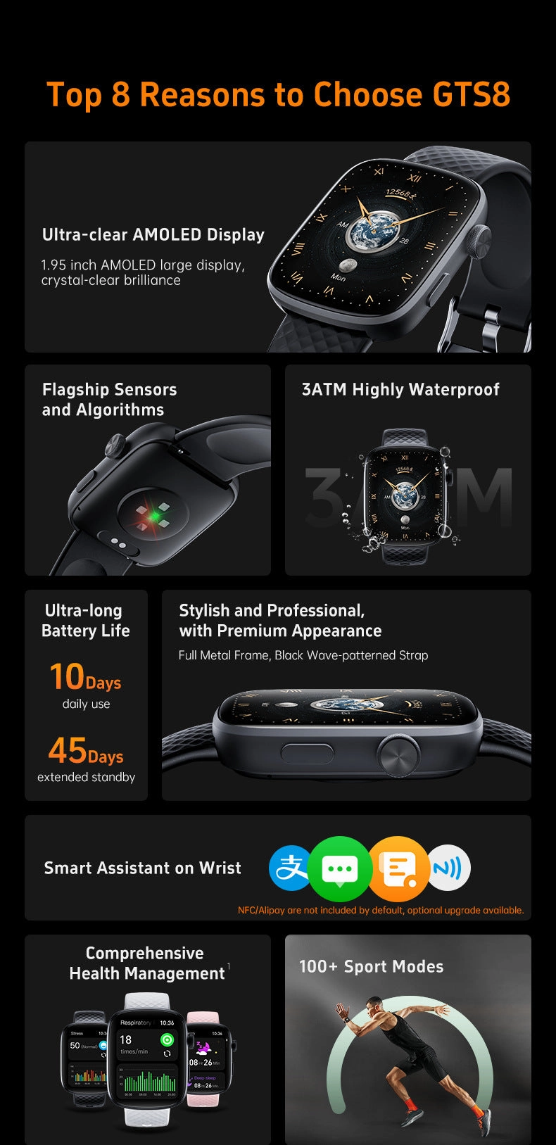 GTS8 Smart Watch 3ATM Waterproof Amoled bluetooth SmartWatch