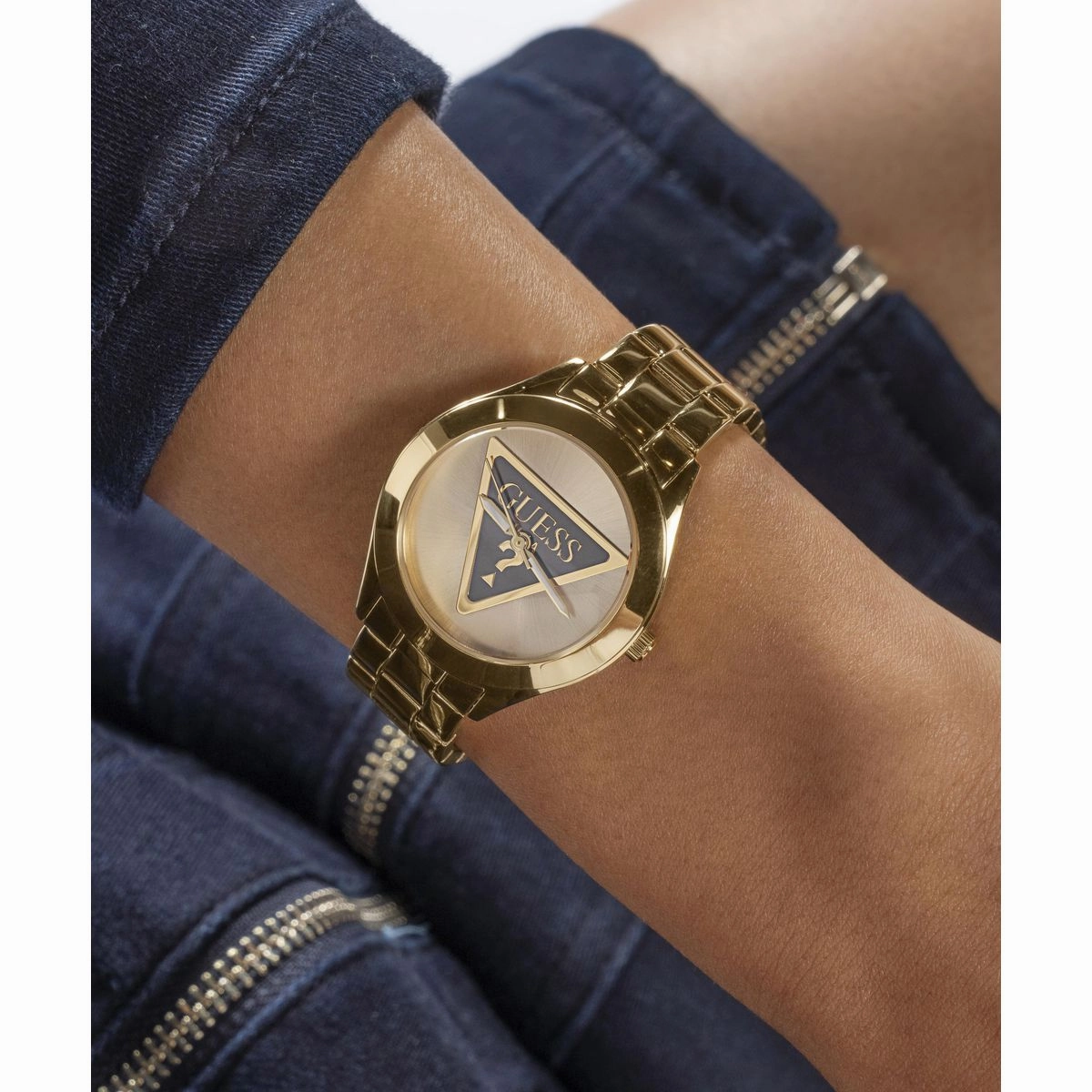 Guess Tri Plaque Champagne Dial Gold Stainless Steel Watch GW0675L2