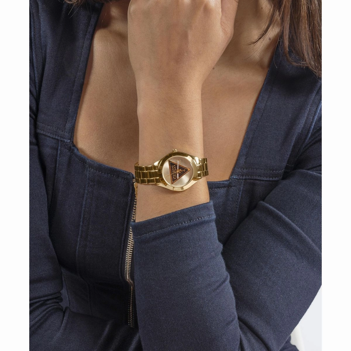 Guess Tri Plaque Champagne Dial Gold Stainless Steel Watch GW0675L2