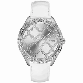 Guess Women's Watch - Majestic Quartz Silver Dial White Leather Strap | W0579L3