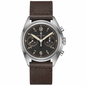 Hamilton Khaki Aviation Pilot Pioneer Mechanical Chronograph Black Dial Brown Leather Strap Men's Watch H76409530