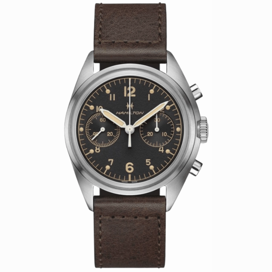Hamilton Khaki Aviation Pilot Pioneer Mechanical Chronograph Black Dial Brown Leather Strap Men's Watch H76409530