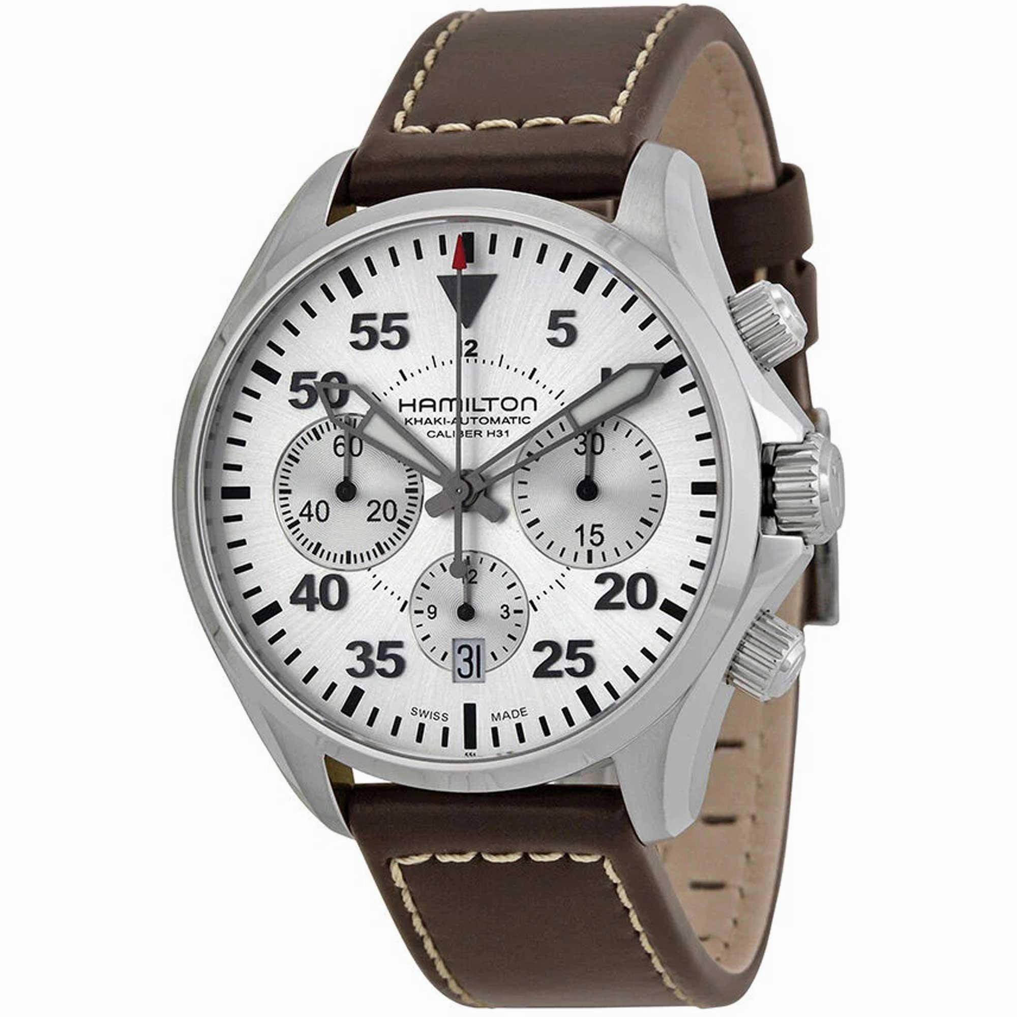 Hamilton Men's Watch - Khaki Aviation Chrono Silver Dial Brown Strap | H64666555