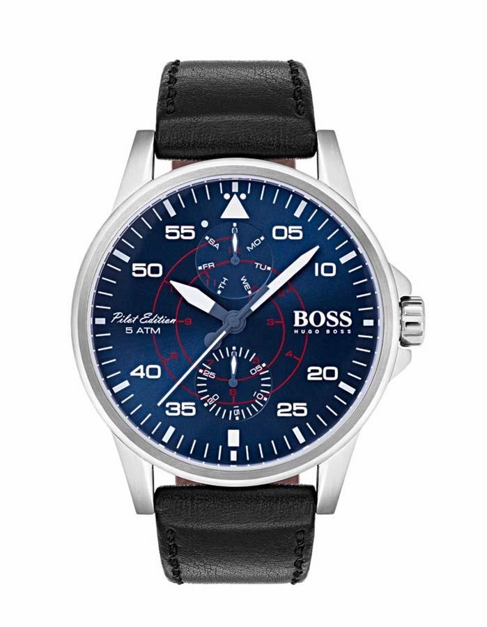 Hugo Boss Mens Aviator Watch - Stainless Steel -Black Leather Strap -Day/Seconds