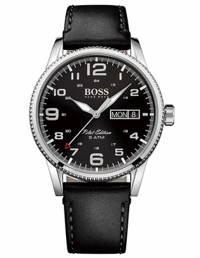 Hugo Boss Pilot Edition Watch - Stainless - Black Dial & Strap - 50m - Day/Date
