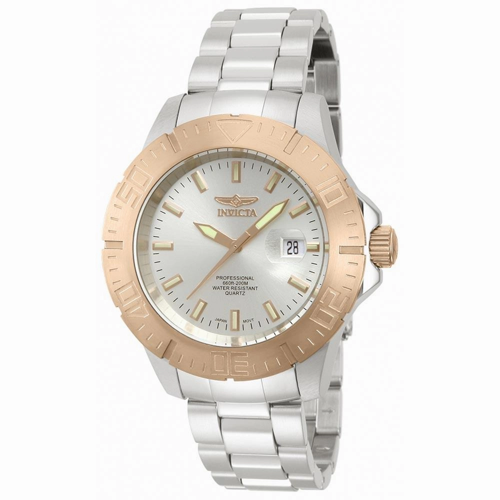 Invicta 14049 Men's Pro Diver Rose Gold Bezel Silver Dial Steel Bracelet Dive Watch