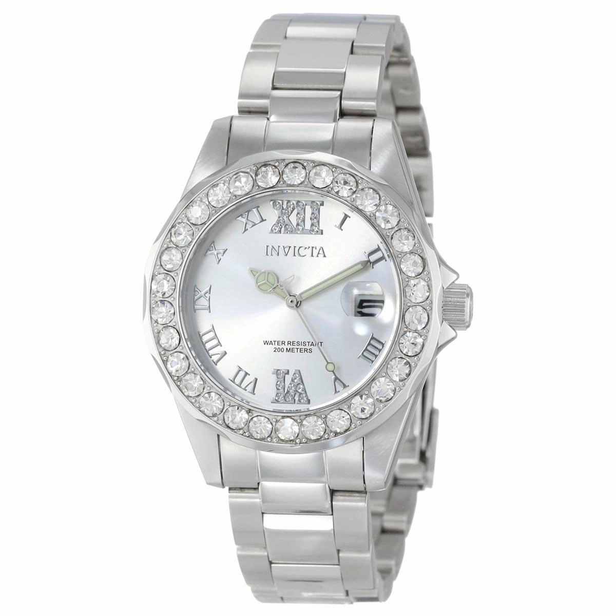 Invicta 15251 Women's Steel Bracelet Quartz Pro Diver Crystal Silver Dial Date Watch