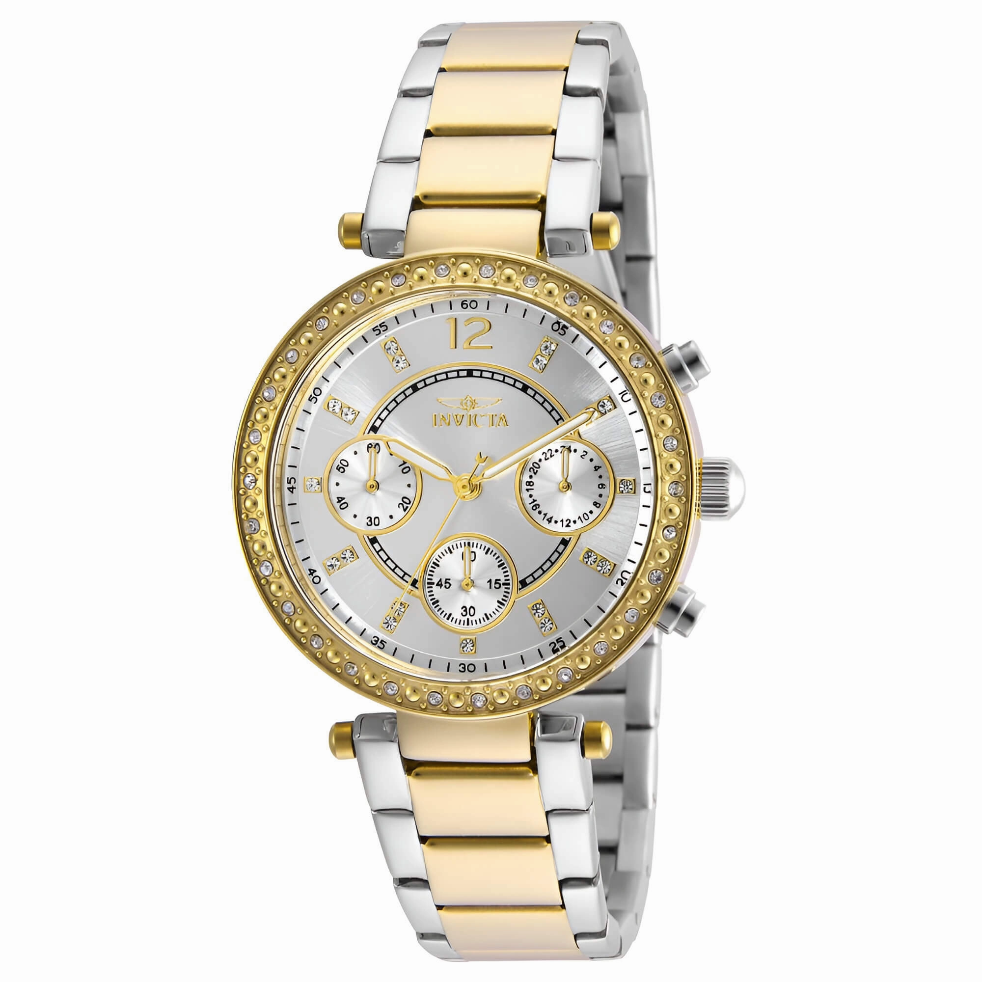 Invicta 20470 Women's Angel Crystal Accented Bezel Silver Dial Two Tone Yellow Gold Steel Watch