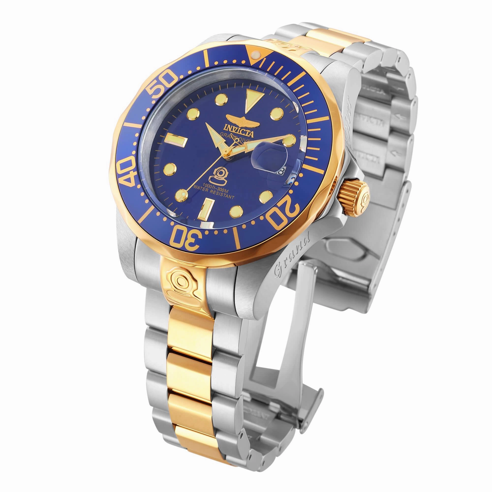 Invicta 3049 Men's Two Tone Yellow Bracelet Automatic Grand Diver Blue Dial Date Watch