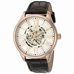 Invicta Men's Automatic Watch - Vintage Leather Strap Semi-Skeleton Silver Dial