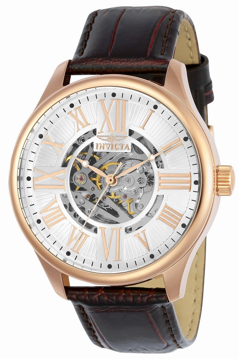 Invicta Men's Automatic Watch - Vintage Leather Strap Semi-Skeleton Silver Dial
