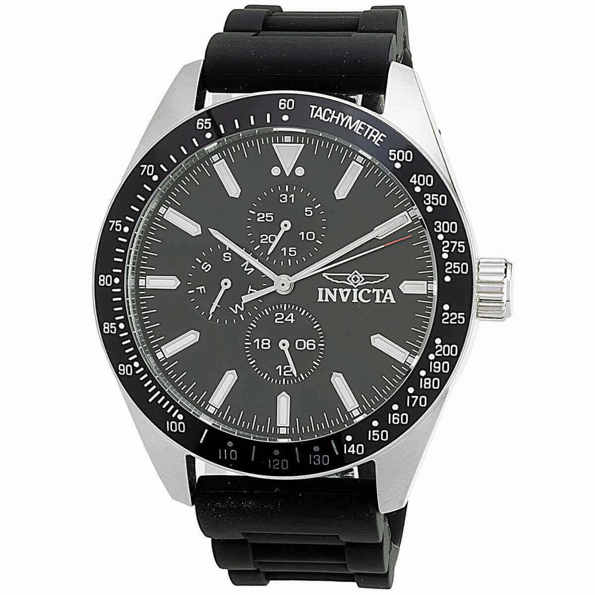 Invicta Men's Chrono Watch - Aviator Silver Tone Case Black Silicone Strap | 38402