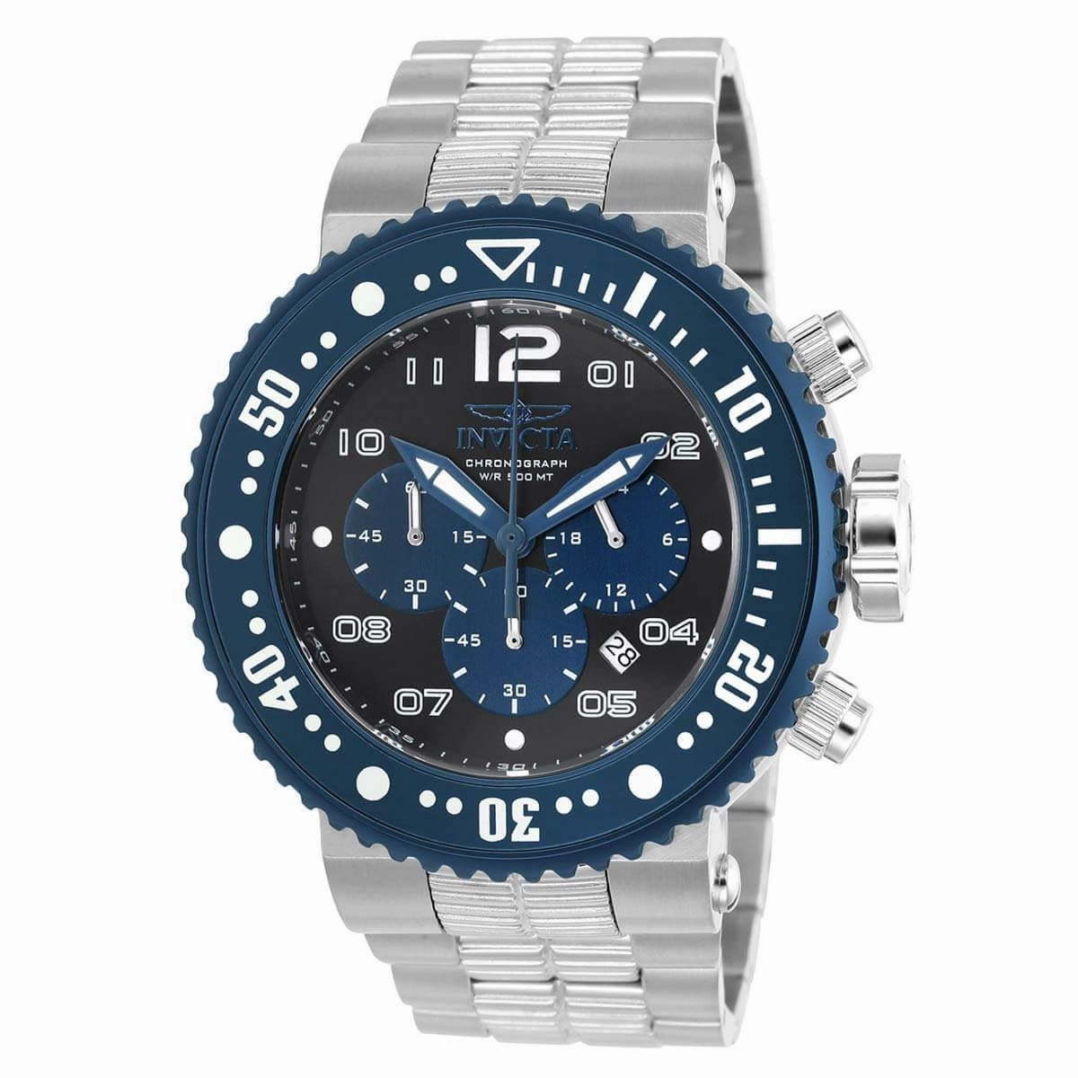 Invicta Men's Chronograph Watch - Pro Diver Black & Blue Dial Steel Bracelet | 25074